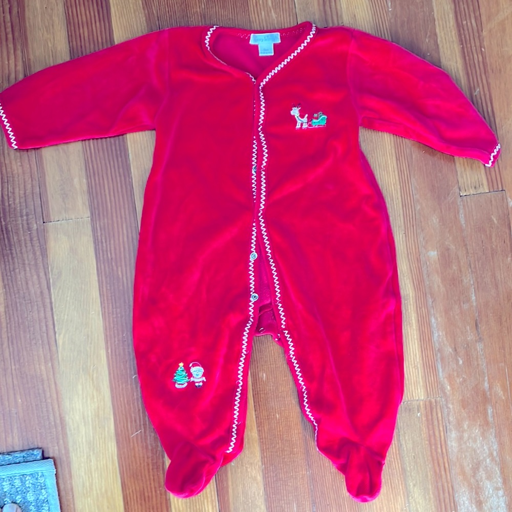 Kissy kissy Christmas red velour footie. Size 9M